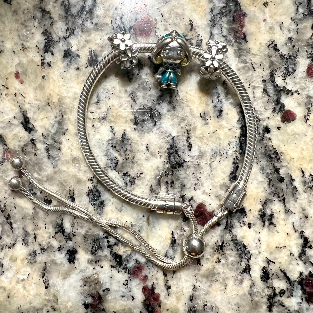 Adjustable Pandora bracelet with Disney Jasmine charm and two flower charms